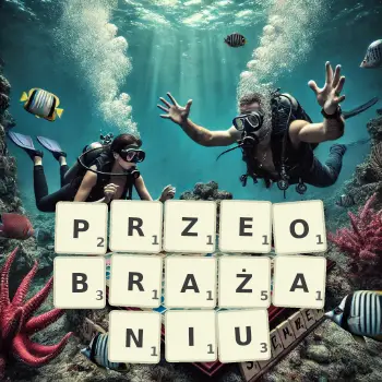 Kreatywna ilustracja do gry w Scrabble ze słowem PRZEOBRAŻANIU ułożonym z płytek na planszy.
