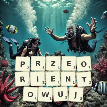 Kreatywna ilustracja do gry w Scrabble ze słowem PRZEORIENTOWUJ ułożonym z płytek na planszy.