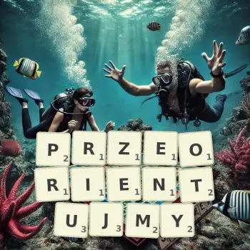 Kreatywna ilustracja do gry w Scrabble ze słowem PRZEORIENTUJMY ułożonym z płytek na planszy.