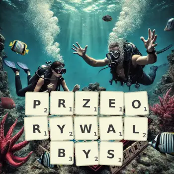 Kreatywna ilustracja do gry w Scrabble ze słowem PRZEORYWALBYS ułożonym z płytek na planszy.
