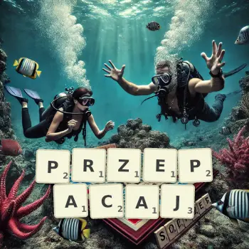Kreatywna ilustracja do gry w Scrabble ze słowem PRZEPACAJ ułożonym z płytek na planszy.