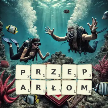 Kreatywna ilustracja do gry w Scrabble ze słowem PRZEPARŁOM ułożonym z płytek na planszy.