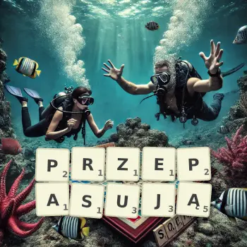 Kreatywna ilustracja do gry w Scrabble ze słowem PRZEPASUJĄ ułożonym z płytek na planszy.