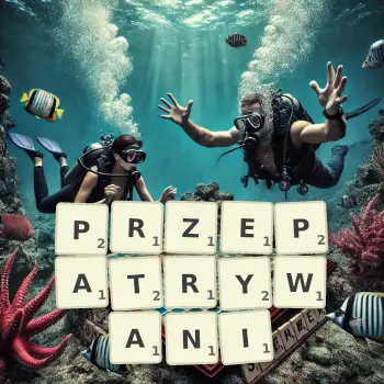 Kreatywna ilustracja do gry w Scrabble ze słowem PRZEPATRYWANI ułożonym z płytek na planszy.