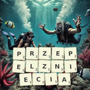 Kreatywna ilustracja do gry w Scrabble ze słowem PRZEPELZNIECIA ułożonym z płytek na planszy.