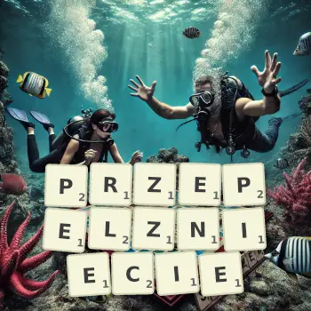 Kreatywna ilustracja do gry w Scrabble ze słowem PRZEPELZNIECIE ułożonym z płytek na planszy.