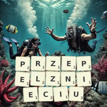 Kreatywna ilustracja do gry w Scrabble ze słowem PRZEPELZNIECIU ułożonym z płytek na planszy.