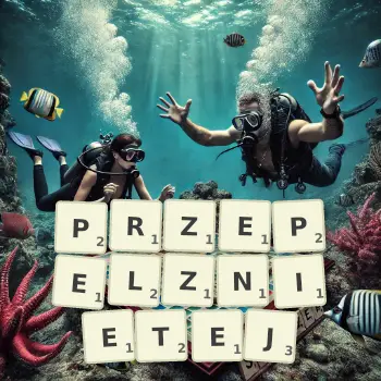 Kreatywna ilustracja do gry w Scrabble ze słowem PRZEPELZNIETEJ ułożonym z płytek na planszy.