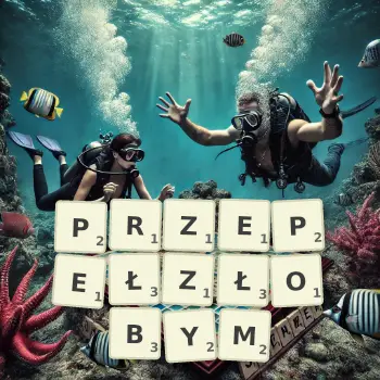 Kreatywna ilustracja do gry w Scrabble ze słowem PRZEPEŁZŁOBYM ułożonym z płytek na planszy.