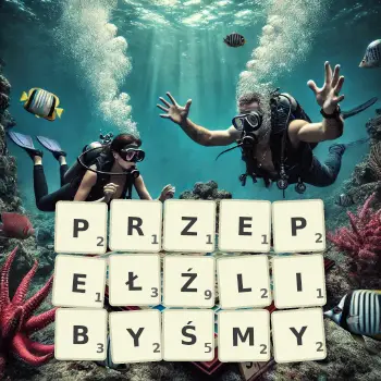 Kreatywna ilustracja do gry w Scrabble ze słowem PRZEPEŁŹLIBYŚMY ułożonym z płytek na planszy.