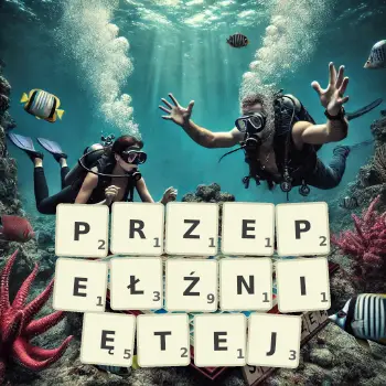Kreatywna ilustracja do gry w Scrabble ze słowem PRZEPEŁŹNIĘTEJ ułożonym z płytek na planszy.