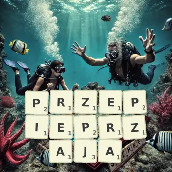 Kreatywna ilustracja do gry w Scrabble ze słowem PRZEPIEPRZAJA ułożonym z płytek na planszy.