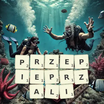 Kreatywna ilustracja do gry w Scrabble ze słowem PRZEPIEPRZALI ułożonym z płytek na planszy.