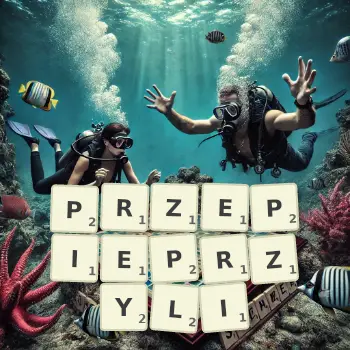 Kreatywna ilustracja do gry w Scrabble ze słowem PRZEPIEPRZYLI ułożonym z płytek na planszy.
