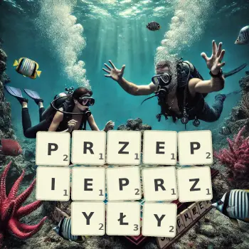 Kreatywna ilustracja do gry w Scrabble ze słowem PRZEPIEPRZYŁY ułożonym z płytek na planszy.