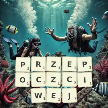 Kreatywna ilustracja do gry w Scrabble ze słowem PRZEPOCZCIWEJ ułożonym z płytek na planszy.