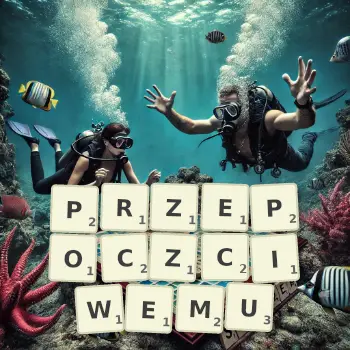 Kreatywna ilustracja do gry w Scrabble ze słowem PRZEPOCZCIWEMU ułożonym z płytek na planszy.