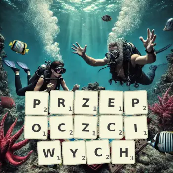 Kreatywna ilustracja do gry w Scrabble ze słowem PRZEPOCZCIWYCH ułożonym z płytek na planszy.