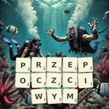 Kreatywna ilustracja do gry w Scrabble ze słowem PRZEPOCZCIWYM ułożonym z płytek na planszy.