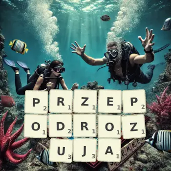 Kreatywna ilustracja do gry w Scrabble ze słowem PRZEPODROZUJA ułożonym z płytek na planszy.