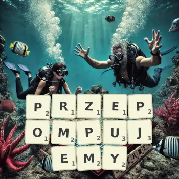 Kreatywna ilustracja do gry w Scrabble ze słowem PRZEPOMPUJEMY ułożonym z płytek na planszy.