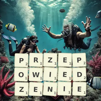 Kreatywna ilustracja do gry w Scrabble ze słowem PRZEPOWIEDZENIE ułożonym z płytek na planszy.