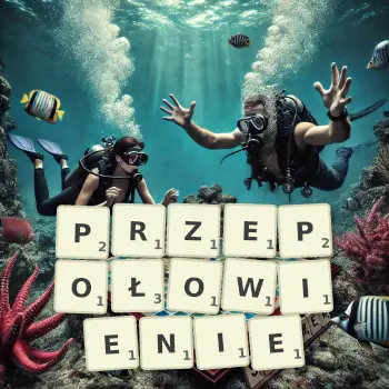 Kreatywna ilustracja do gry w Scrabble ze słowem PRZEPOŁOWIENIE ułożonym z płytek na planszy.