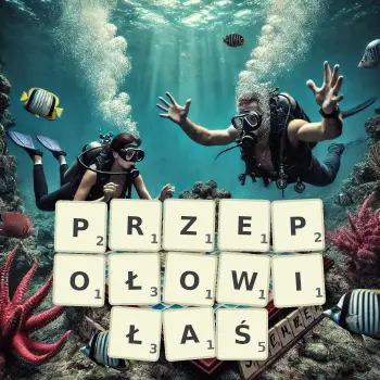 Kreatywna ilustracja do gry w Scrabble ze słowem PRZEPOŁOWIŁAŚ ułożonym z płytek na planszy.