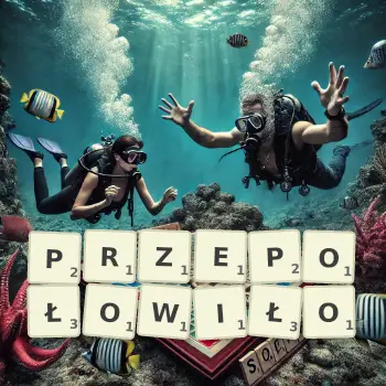 Kreatywna ilustracja do gry w Scrabble ze słowem PRZEPOŁOWIŁO ułożonym z płytek na planszy.