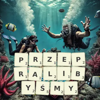 Kreatywna ilustracja do gry w Scrabble ze słowem PRZEPRALIBYŚMY ułożonym z płytek na planszy.