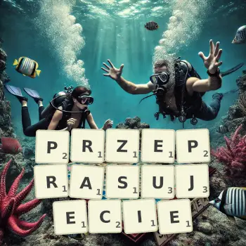 Kreatywna ilustracja do gry w Scrabble ze słowem PRZEPRASUJECIE ułożonym z płytek na planszy.