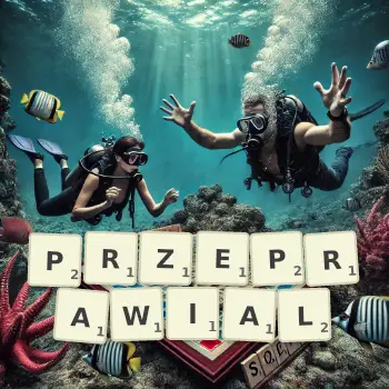 Kreatywna ilustracja do gry w Scrabble ze słowem PRZEPRAWIAL ułożonym z płytek na planszy.
