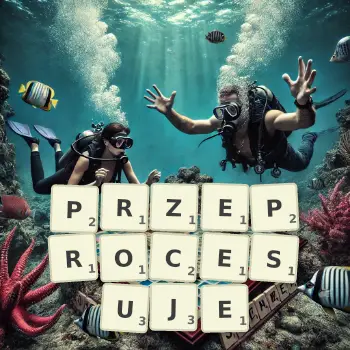 Kreatywna ilustracja do gry w Scrabble ze słowem PRZEPROCESUJE ułożonym z płytek na planszy.