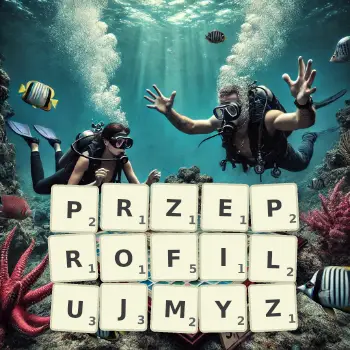 Kreatywna ilustracja do gry w Scrabble ze słowem PRZEPROFILUJMYZ ułożonym z płytek na planszy.