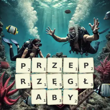 Kreatywna ilustracja do gry w Scrabble ze słowem PRZEPRZĘGŁABY ułożonym z płytek na planszy.