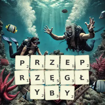 Kreatywna ilustracja do gry w Scrabble ze słowem PRZEPRZĘGŁYBY ułożonym z płytek na planszy.
