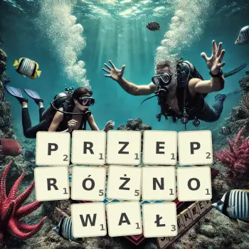 Kreatywna ilustracja do gry w Scrabble ze słowem PRZEPRÓŻNOWAŁ ułożonym z płytek na planszy.