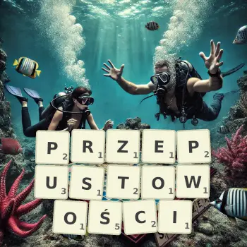 Kreatywna ilustracja do gry w Scrabble ze słowem PRZEPUSTOWOŚCI ułożonym z płytek na planszy.