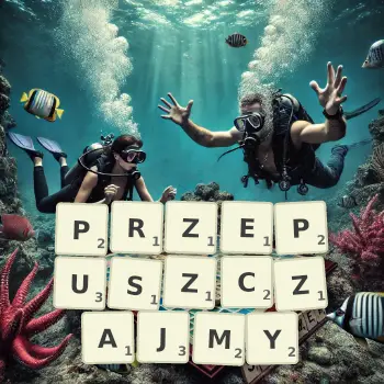 Kreatywna ilustracja do gry w Scrabble ze słowem PRZEPUSZCZAJMY ułożonym z płytek na planszy.