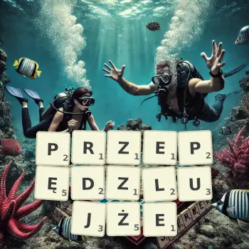 Kreatywna ilustracja do gry w Scrabble ze słowem PRZEPĘDZLUJŻE ułożonym z płytek na planszy.