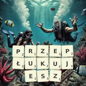 Kreatywna ilustracja do gry w Scrabble ze słowem PRZEPŁUKUJESZ ułożonym z płytek na planszy.