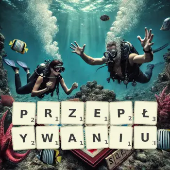 Kreatywna ilustracja do gry w Scrabble ze słowem PRZEPŁYWANIU ułożonym z płytek na planszy.