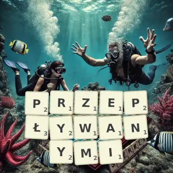 Kreatywna ilustracja do gry w Scrabble ze słowem PRZEPŁYWANYMI ułożonym z płytek na planszy.