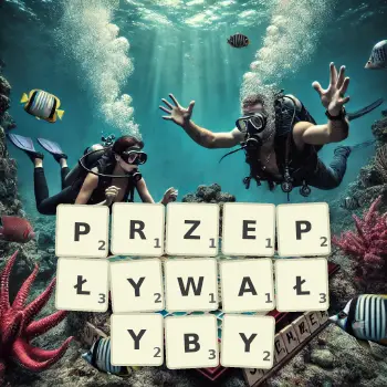 Kreatywna ilustracja do gry w Scrabble ze słowem PRZEPŁYWAŁYBY ułożonym z płytek na planszy.