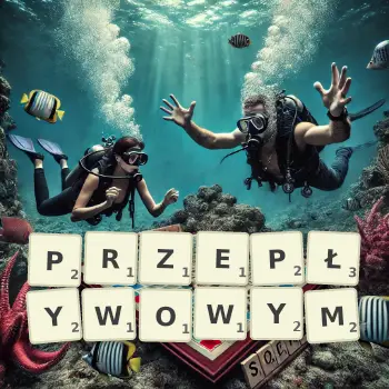 Kreatywna ilustracja do gry w Scrabble ze słowem PRZEPŁYWOWYM ułożonym z płytek na planszy.