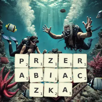 Kreatywna ilustracja do gry w Scrabble ze słowem PRZERABIACZKA ułożonym z płytek na planszy.