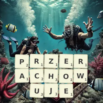 Kreatywna ilustracja do gry w Scrabble ze słowem PRZERACHOWUJE ułożonym z płytek na planszy.