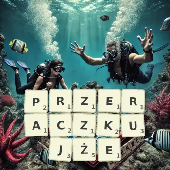 Kreatywna ilustracja do gry w Scrabble ze słowem PRZERACZKUJŻE ułożonym z płytek na planszy.