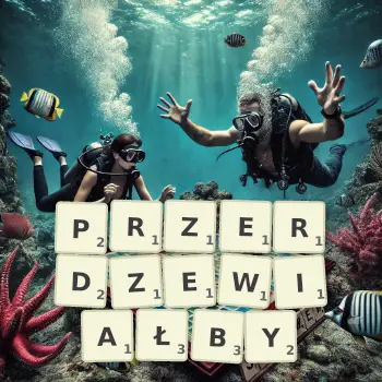 Kreatywna ilustracja do gry w Scrabble ze słowem PRZERDZEWIAŁBY ułożonym z płytek na planszy.