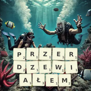 Kreatywna ilustracja do gry w Scrabble ze słowem PRZERDZEWIAŁEM ułożonym z płytek na planszy.